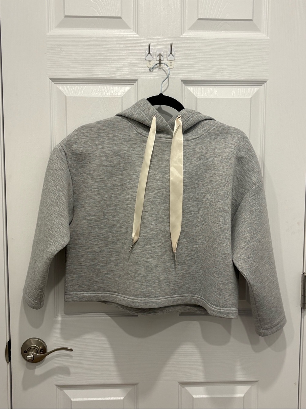 Sam and Lavi Cropped Gray Hooded Pullover Sweater with Cream Drawstrings #1282